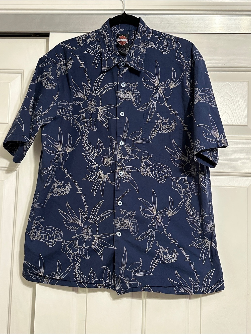Harley-Davidson Navy Short-Sleeve Hawaiin Motorcycle Print Button-Up Shirt